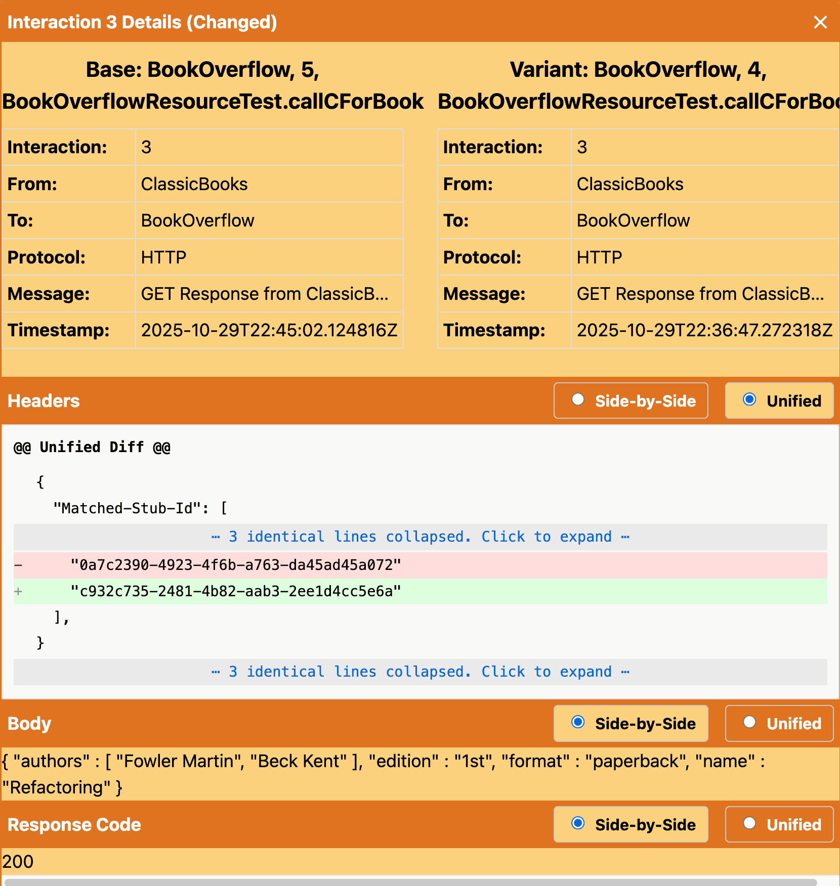 Diff view where you can click an interaction to see what changed