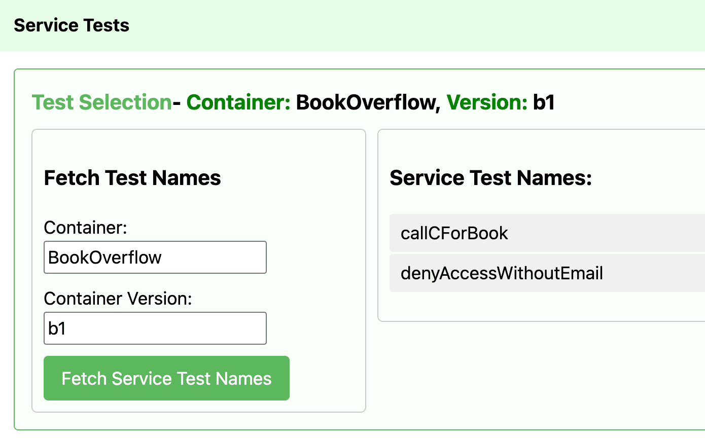 List of test names available for the chosen version of an application